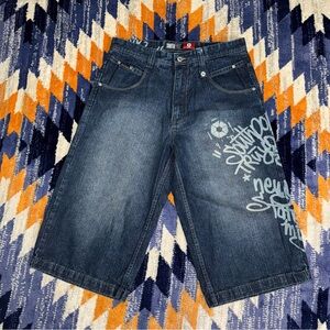 Vintage Southpole Blue Denim Jean Shorts Mens Size 34 Y2K Hip Hop baggy Writing